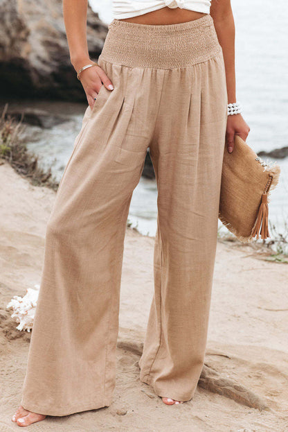 Smocked Wide Waistband High Waist Wide Leg Pants | Khaki