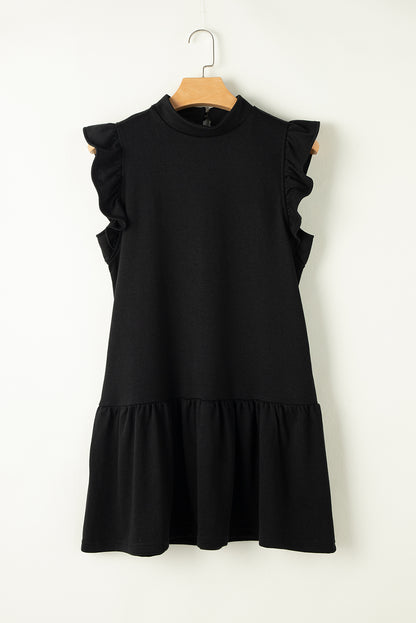 Flutter Sleeve Crew Neck Shift Dress | Black