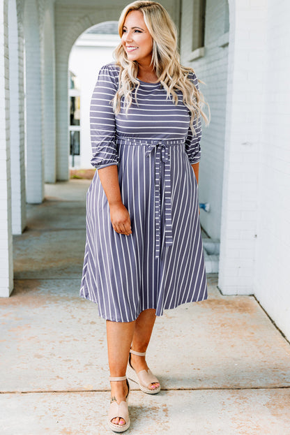 Striped Tie Waist 3/4 Sleeve Plus Size Dress | Gray