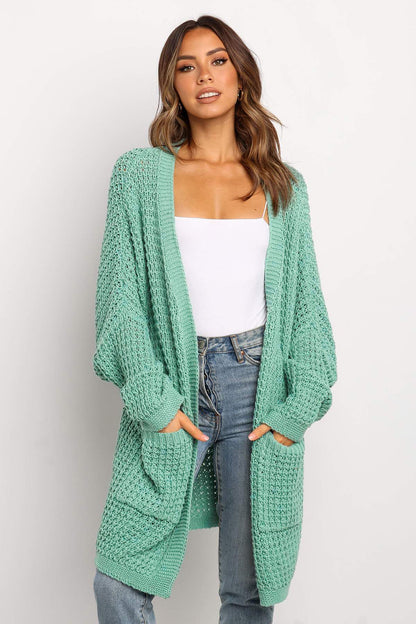 Long Line Open Front Knitted Cardigan With Pockets | Green