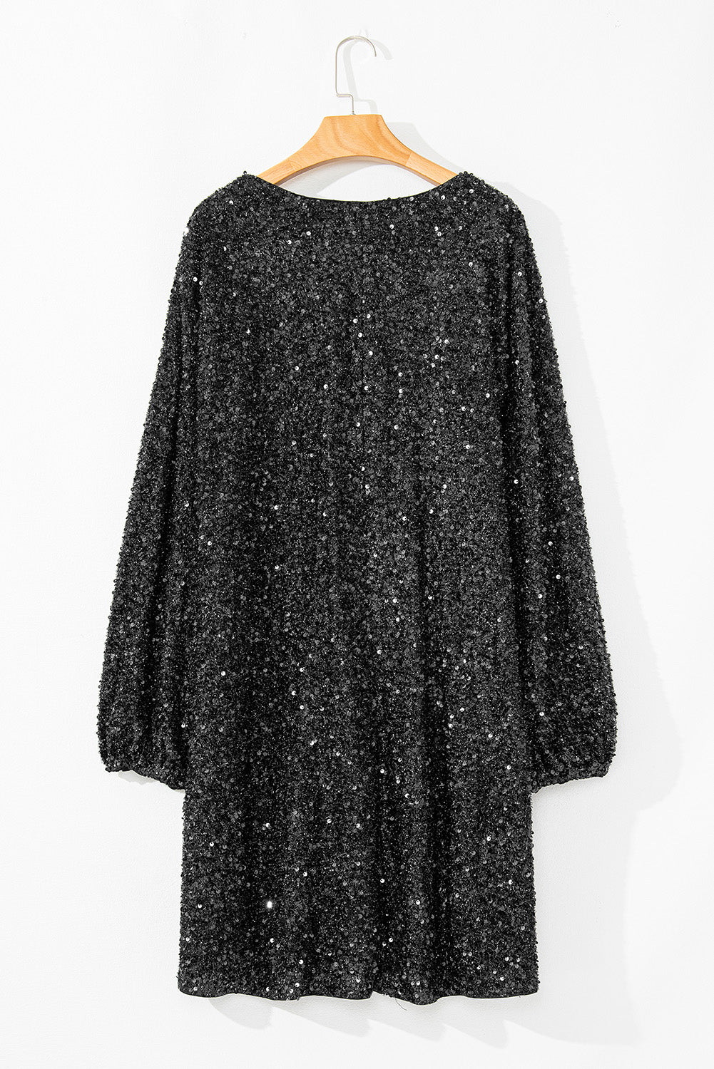 Colour Black Plus Size Bubble Sleeve V Neck Sequin Dress | Colour black