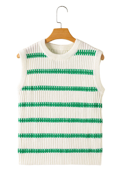 Striped Round Neck Casual Sweater Vest | Bright Green