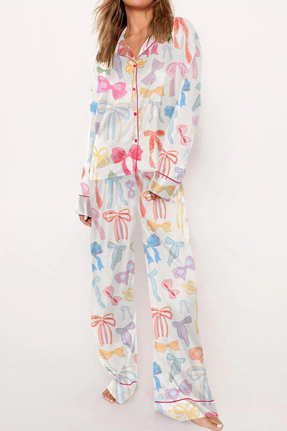 Bow Knot Print Lapel Collar Wide Leg Satin Pajama Set | White