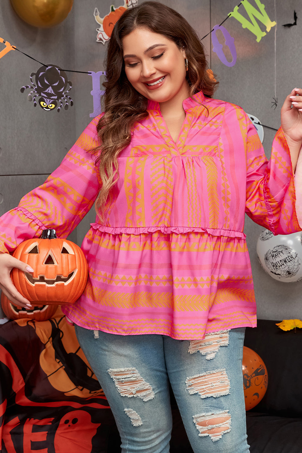 Plus Size Geometric Printed Bell Sleeve Babydoll Blouse | Vitality Orange