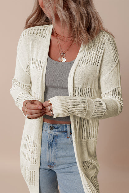 Solid Colour Lightweight Open Knit Tunic Cardigan | White