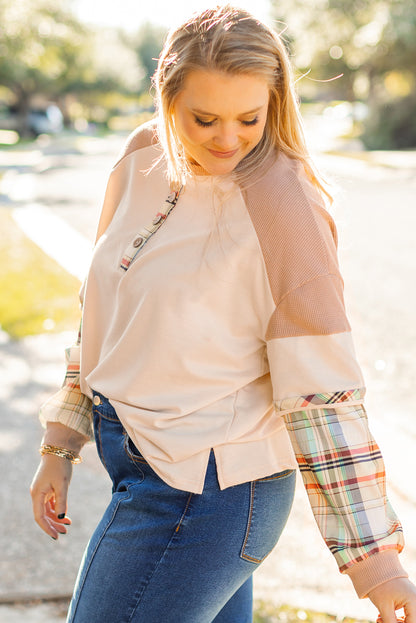 Plus Size Plaid Patchwork Layered Henley Top | Parchment