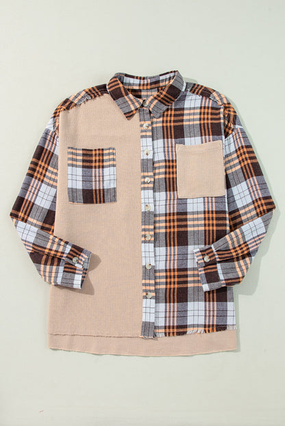 Thermal Knit Plaid Patchwork Shacket | Khaki