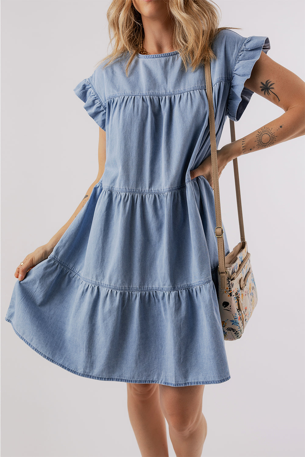 Ruffle Short Sleeve Tiered A-Line Denim Dress | Beau Blue