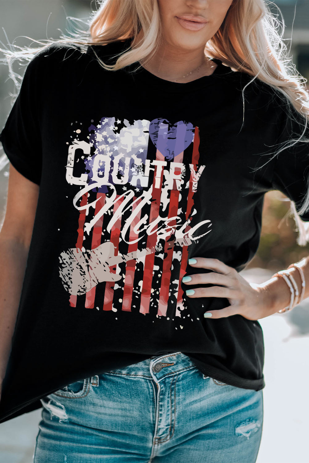 Country Music American Flag Graphic T Shirt | Black