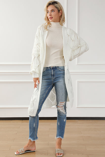 Rhombus Hollowed Knit Open Front Cardigan | White