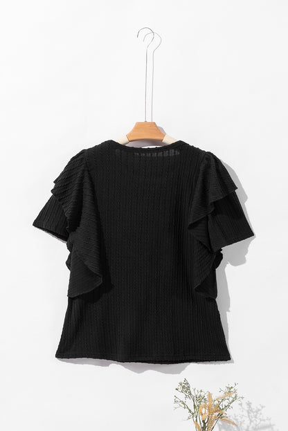 Braided Textured Ruffled Sleeve Top | Black