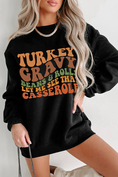 Thanksgiving Slogan Print Drop Shoulder Sweatshirt | Black