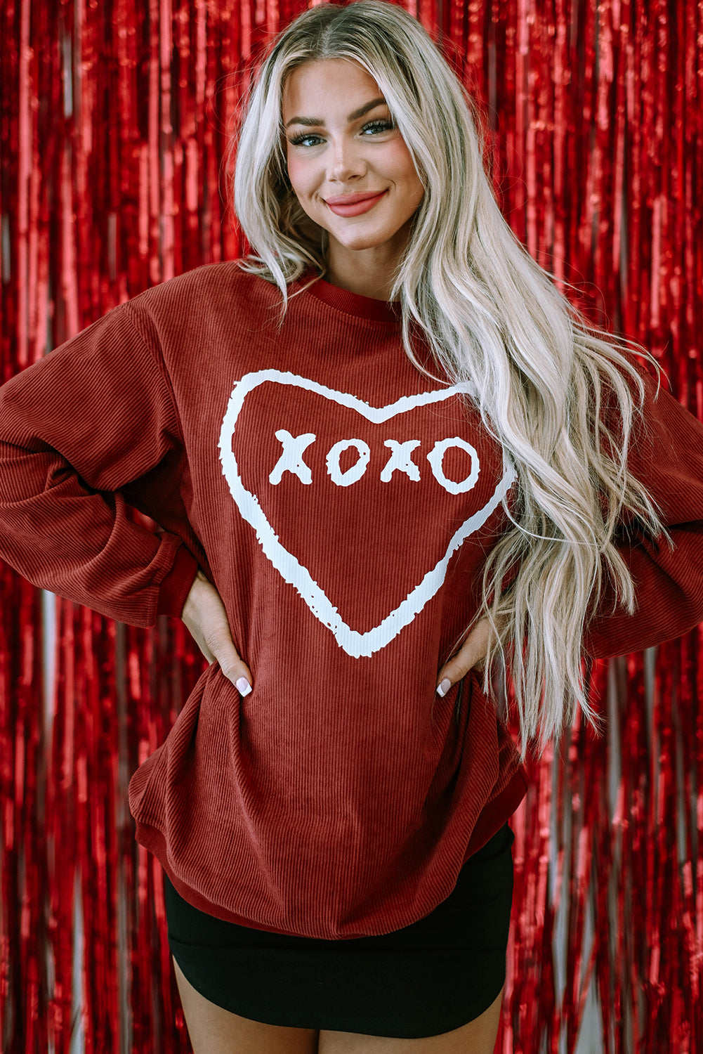 Xoxo Heart Shape Graphic Corded Sweatshirt | Racing Red