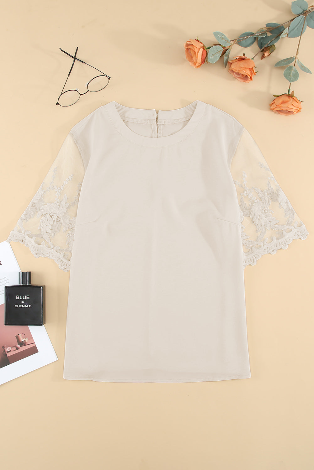 Floral Lace Sleeve Patchwork Top | White