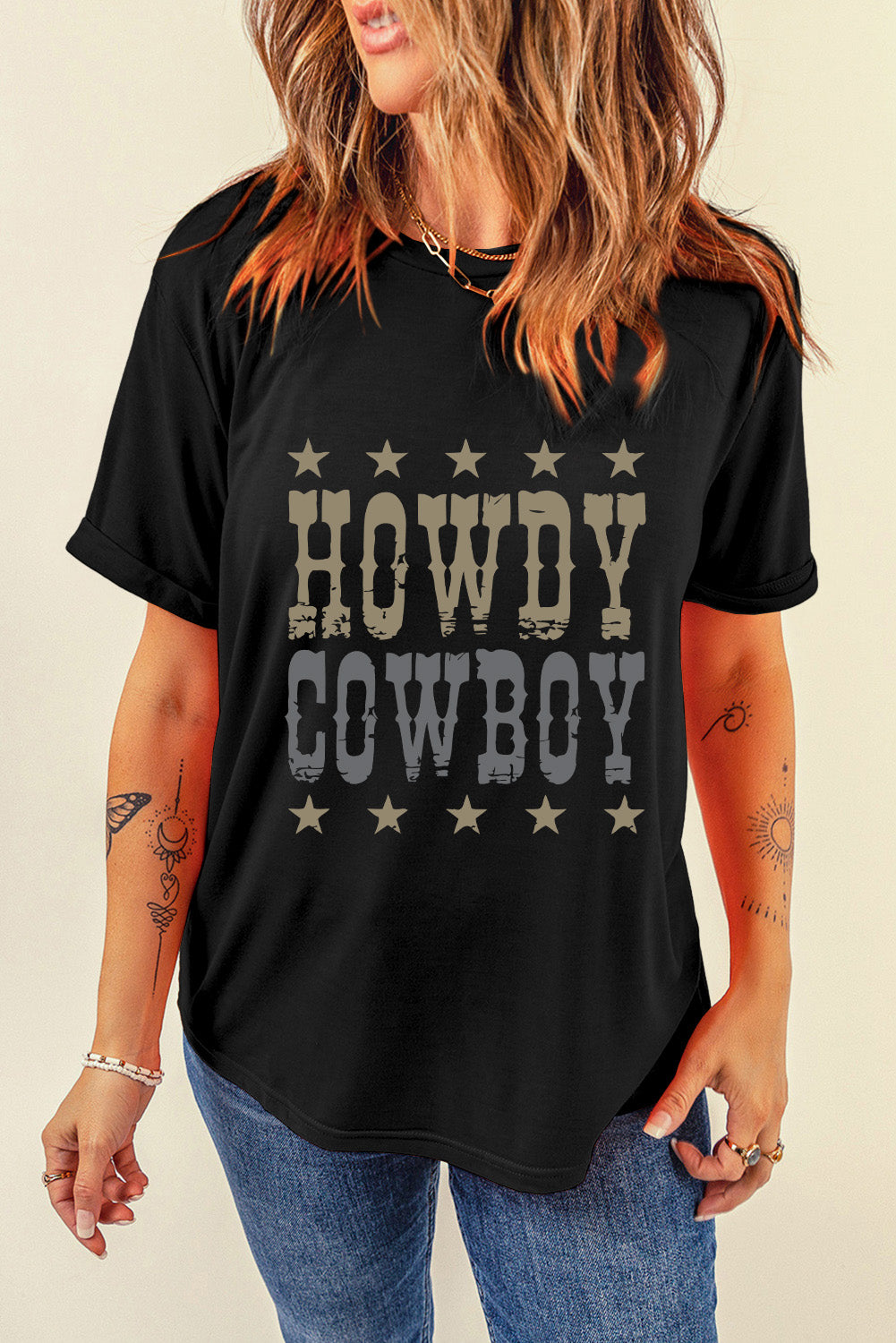 Howdy Cowboy Star Print Crew Neck Loose T Shirt | Black