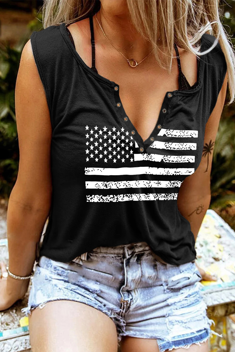 American Flag Print Split V Neck Sleeveless Top | Black