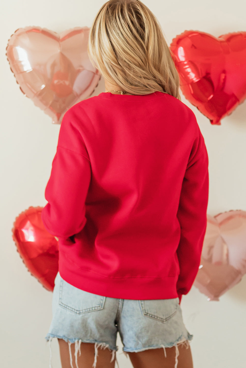 Valentines Sequin Bow Heart Patched Pattern Pullover Sweatshirt | Red