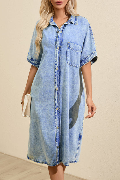 Loose Medium Wash Short Sleeve Shirt Chambray Dress | Light Blue