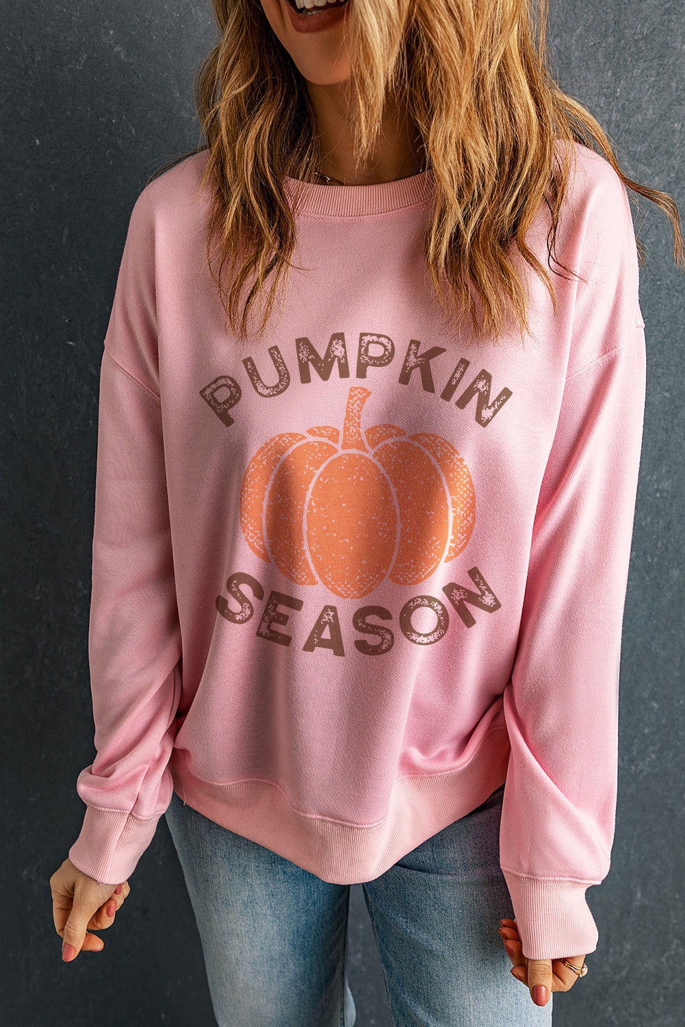 Pumpkin Season Crew Neck Drop Shoulder Sweatshirt | Pink