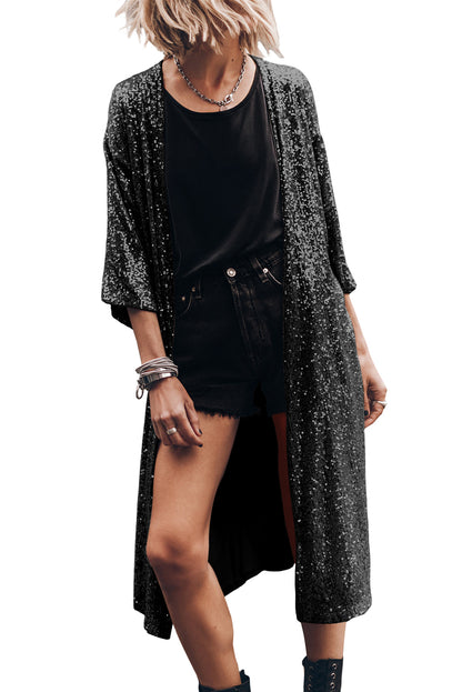 Sequin 3/4 Sleeve Open Front Duster Kimono | Black