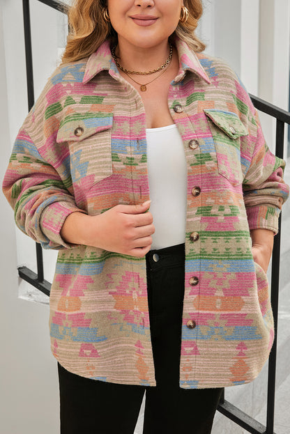 Plus Size Flap Pockets Aztec Print Jacket | Multicolour