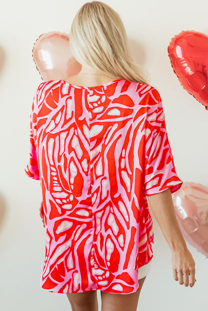 Abstract Print V Neck Batwing Sleeve Oversized Blouse | Red