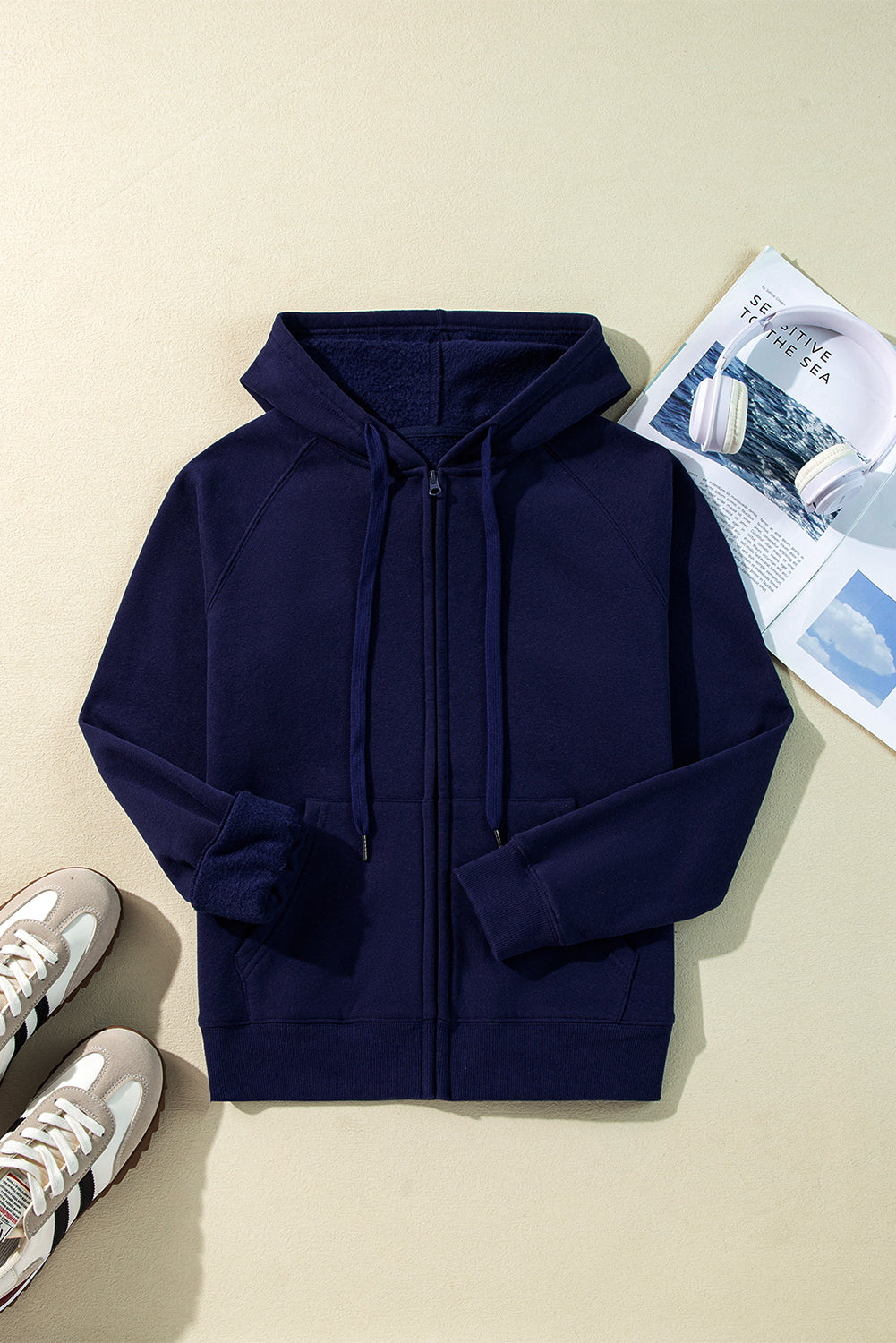 Solid Colour Fleece Lined Zip Up Hoodie | Navy Blue