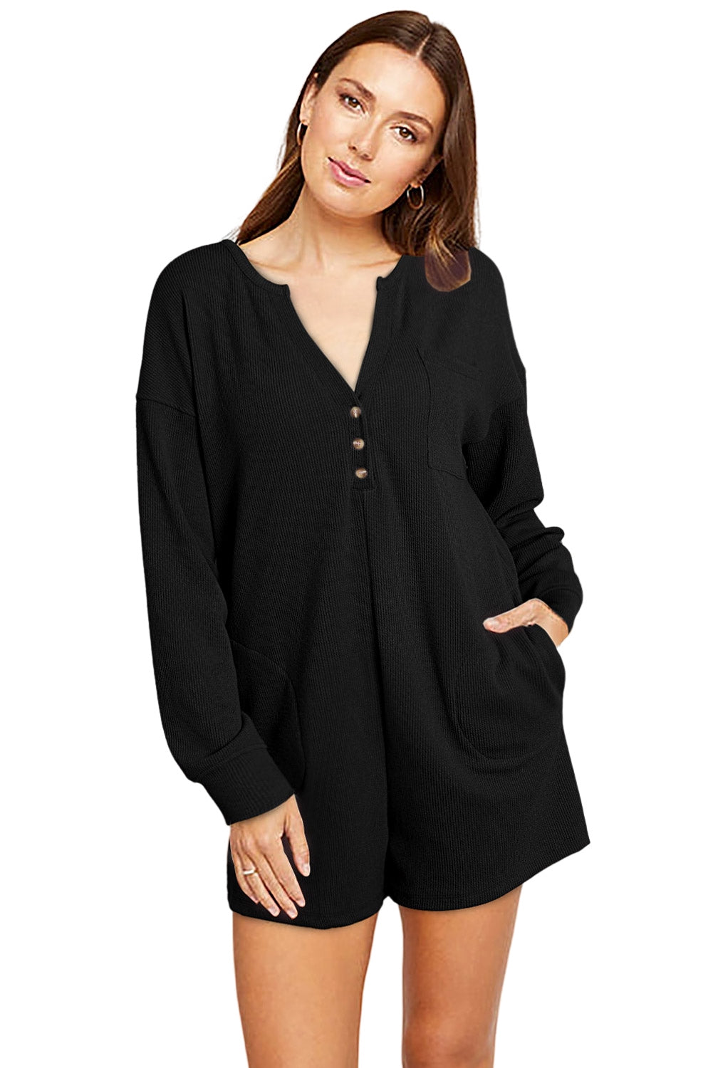 Brushed Ribbed Button Split V Neck Long Sleeve Romper | Black