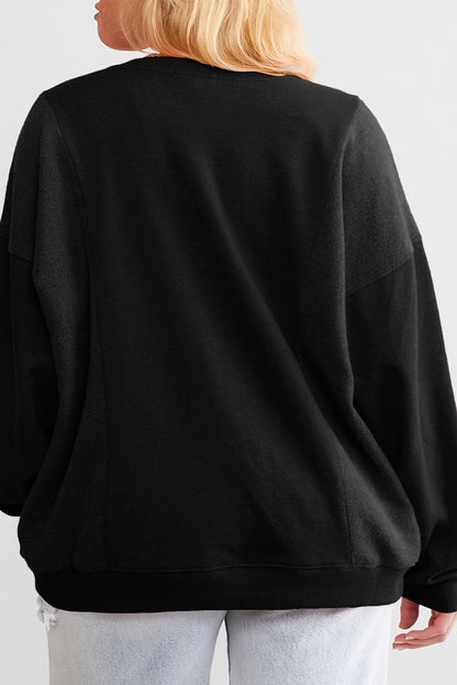 Loose Patchwork Crewneck Plus Size Sweatshirt | Black