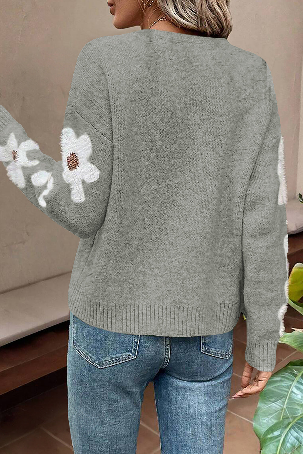 Flower Sleeve Drop Shoulder Sweater | Light Grey