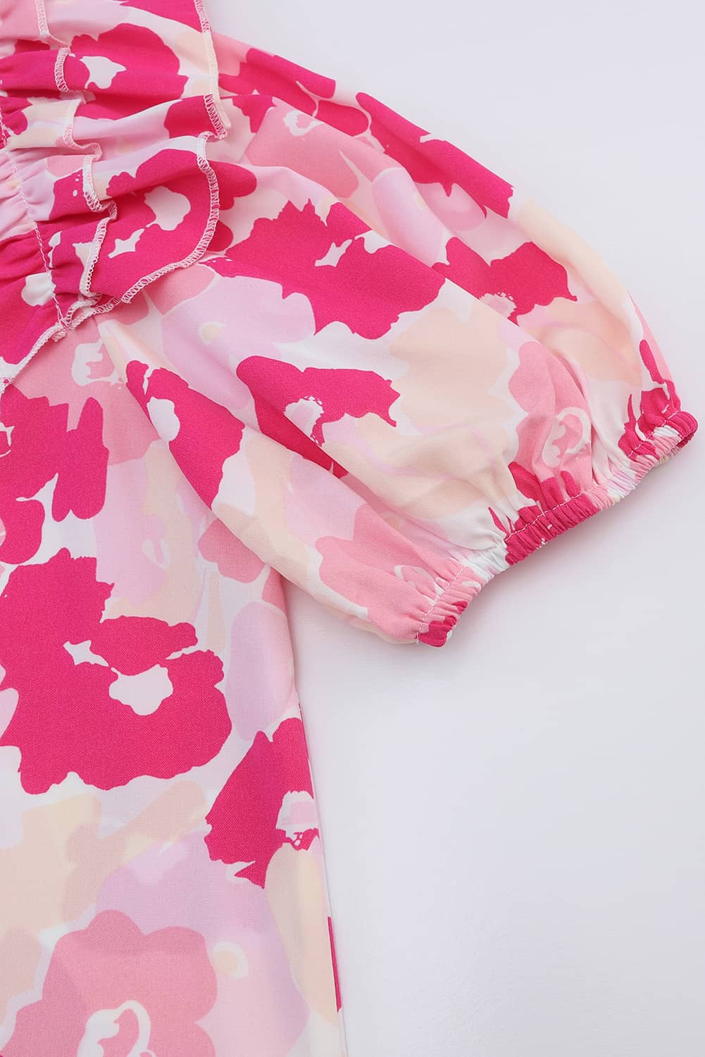 Split Neck Ruffled Puff Sleeves Floral Top | Pink