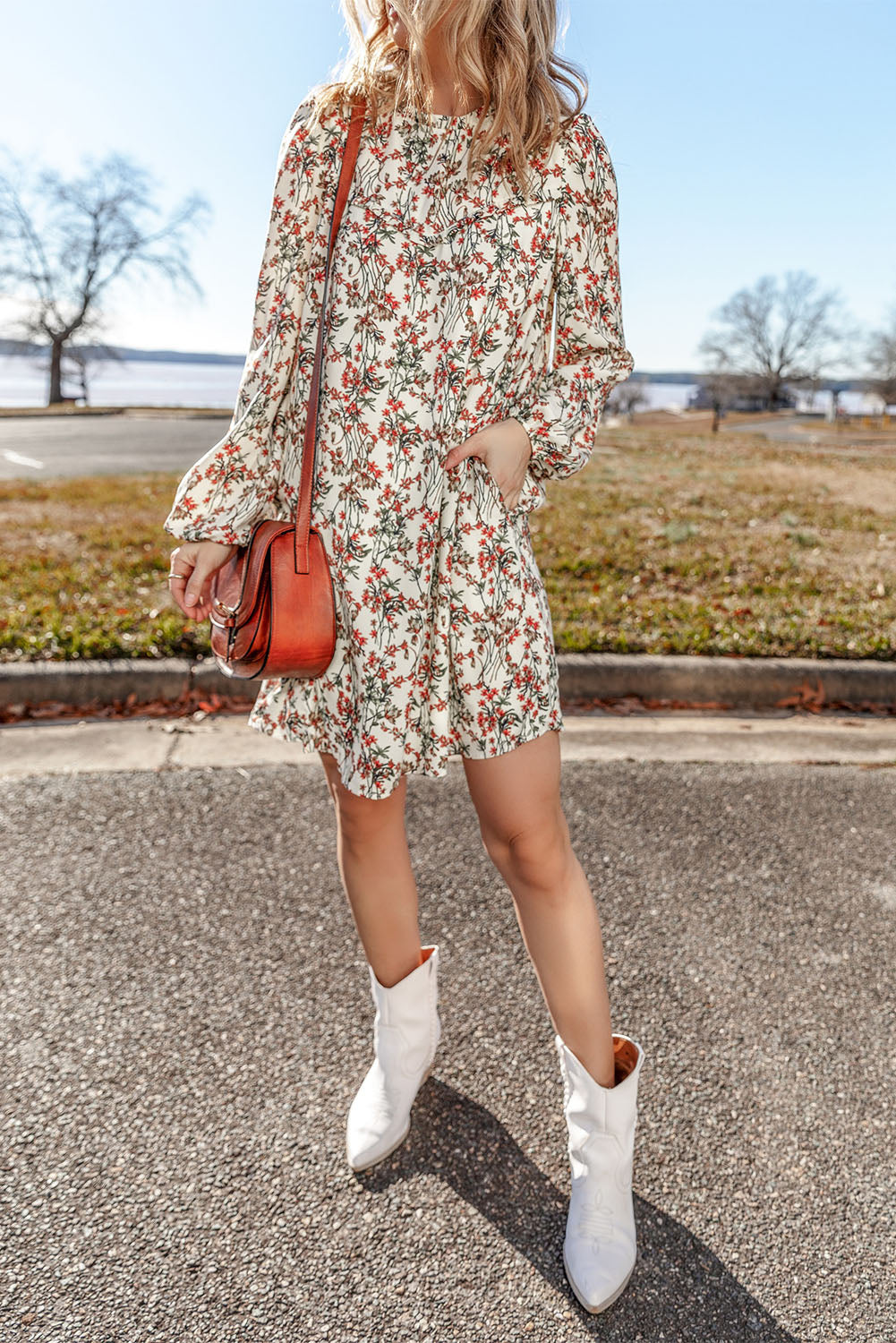 Floral Printed Long Sleeve Mini Dress | White