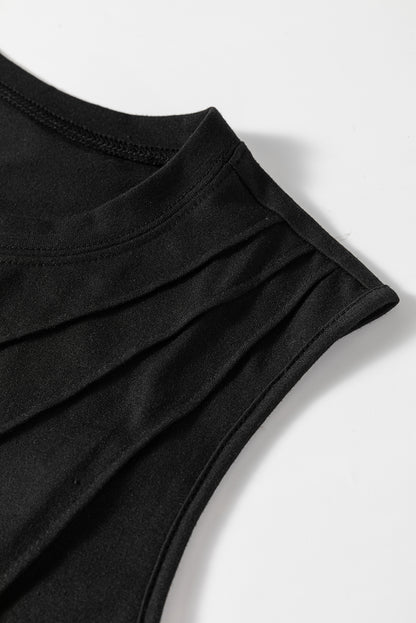 Crew Neck Pleated Tank Top | Black