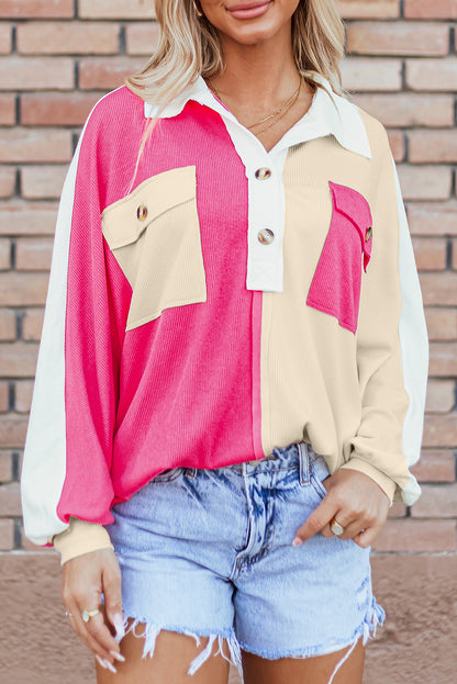 Colourblock Ribbed Collared Oversized Sweatshirt | Rose Red