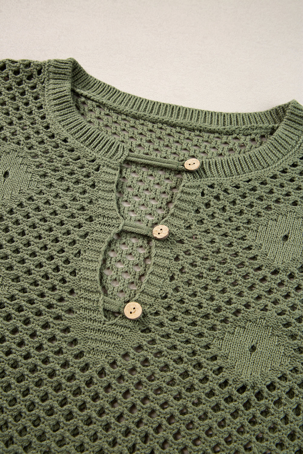 Open Knit Buttoned Neck Split Sleeve Sweater | Vineyard Green