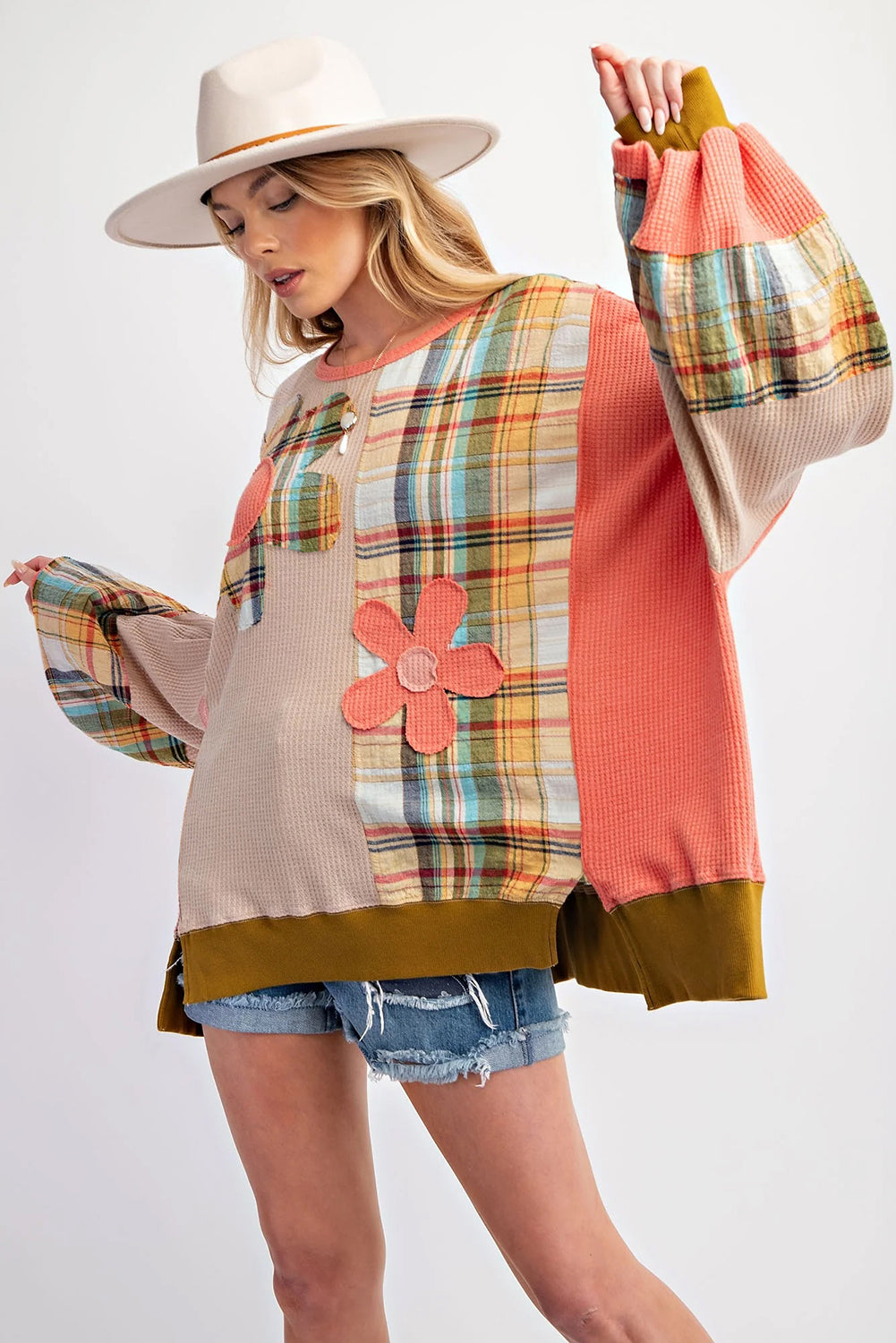 Waffle Knit Plaid Patchwork Side Slits Loose Sweatshirt | Multicolour