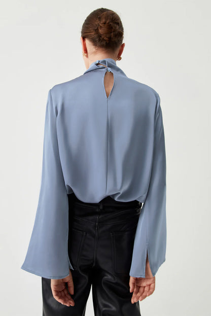 Asymmetric Pleated Turtleneck Bell Sleeve Blouse | Ivy