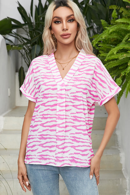 Zebra Pattern V Neck Short Sleeve Blouse | Rose