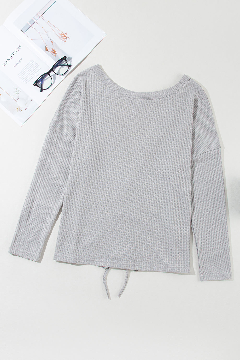 V Cut Drawstring Back Waffle Knit Long Sleeve Top | Gray