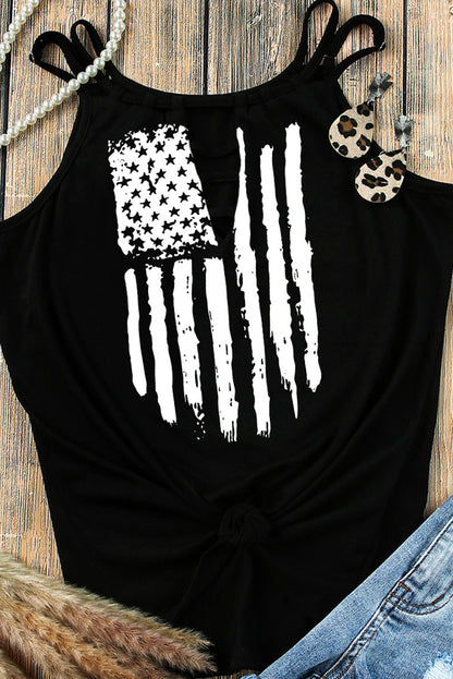 American Flag Print Cut Out Spaghetti Strap Tank Top | Black