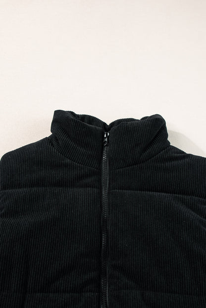 Corduroy Stand Neck Zipped Puffer Vest | Black