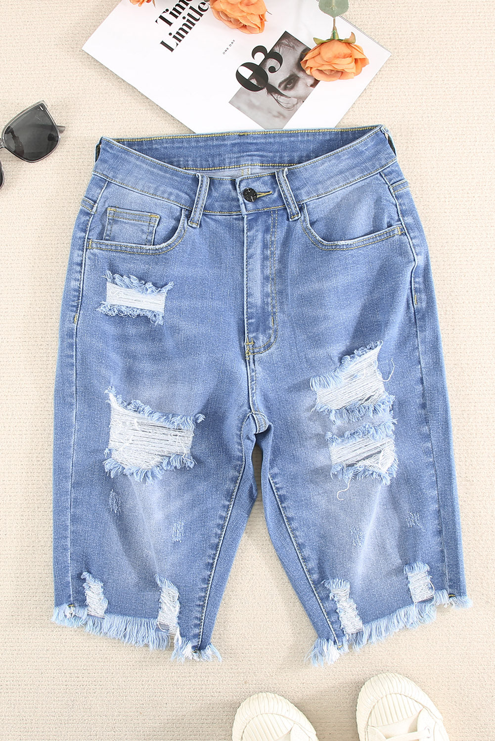 Ripped Tassel Bermuda Denim Shorts | Sky Blue