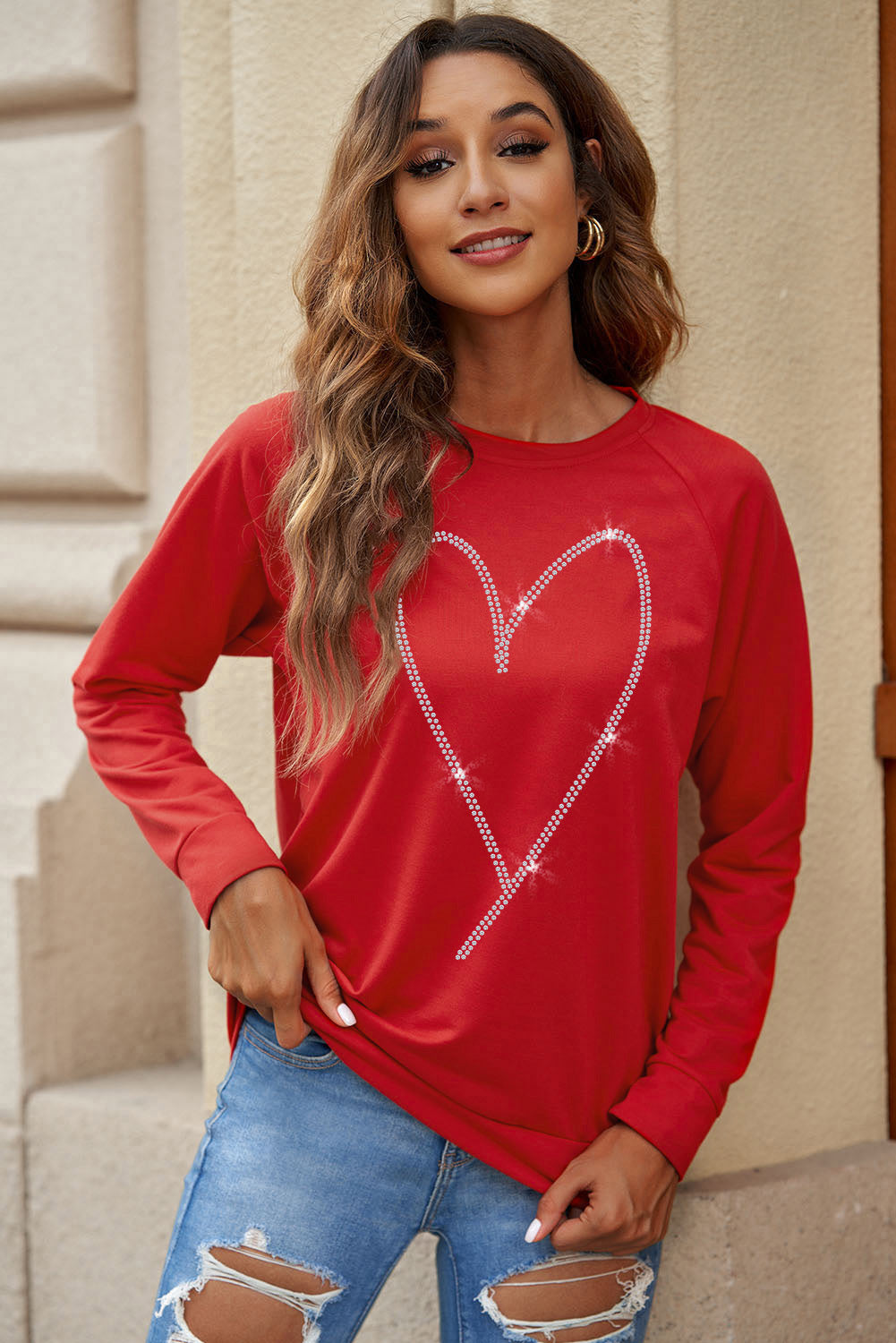 Fiery  Rhinestone Heart Shaped Long Sleeve Sweatshirt | Red