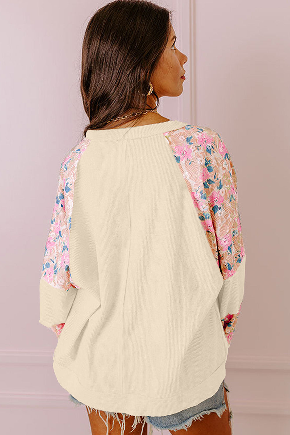 Textured Floral Patchwork Balloon Sleeve Blouse | Apricot