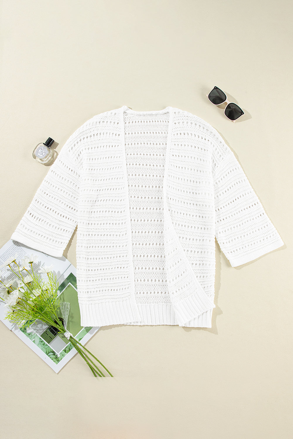 Pointelle Knit Bracelet Sleeve Open Cardigan | White