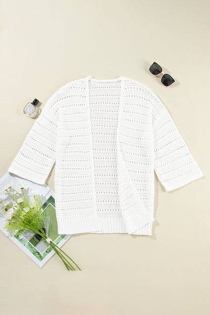 Pointelle Knit Bracelet Sleeve Open Cardigan | White