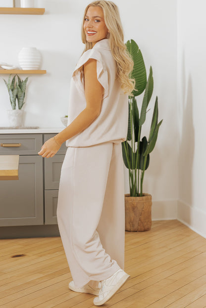 Textured Ruffled Sleeve Zipped Top And Wide Leg Pants Set | Apricot