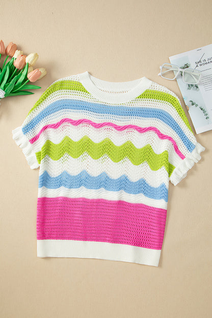 Colourblock Crochet Knit Ruffled Short Sleeve Sweater Top | White