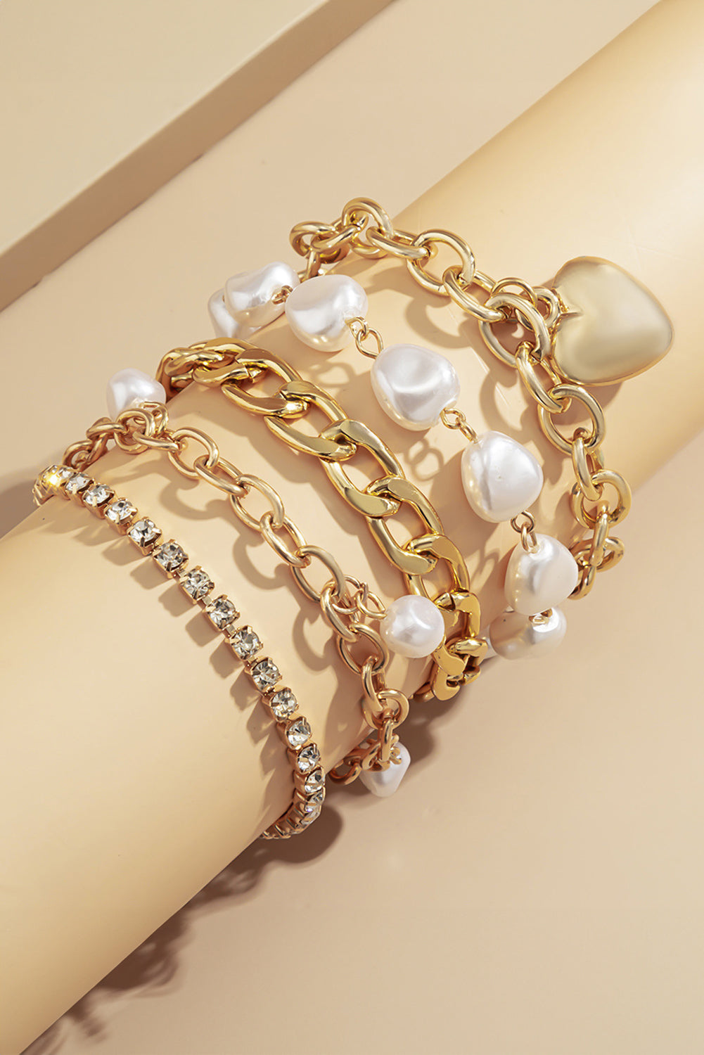 Heart Pendant Pearl Rhinestone Chain Bracelet Set | Gold