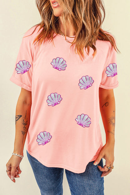 Sequin Shell Graphic Round Neck T Shirt | Pink